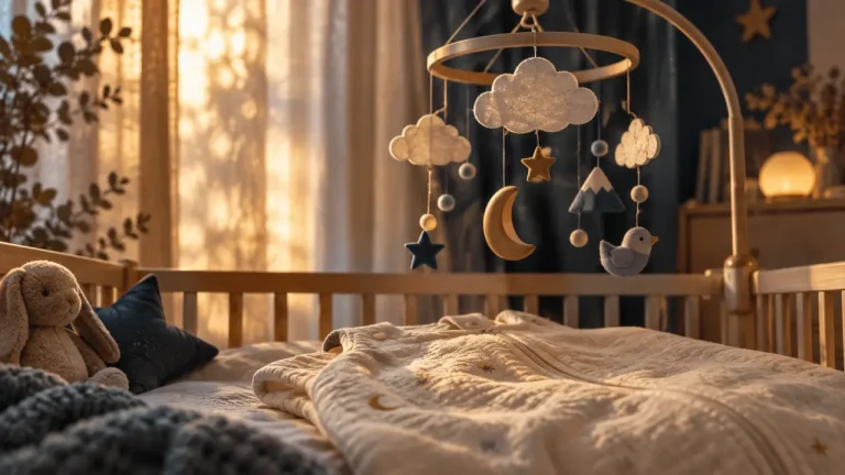 Mobile bébé original en bois et feutre dans une chambre de bébé