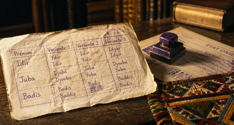 Prénoms berbères pour garçons : des idées liées à la vie, à l’histoire et à l’identité Prenoms berberes pour garcons : prénoms Idir, Juba, Badis sur papier, tissu kabyle et tampon