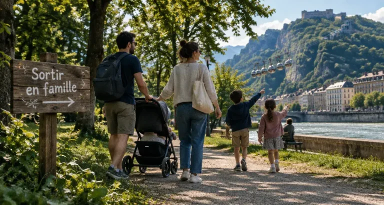 Sortir à Grenoble en famille : famille avec poussette vers l’Isère et la Bastille