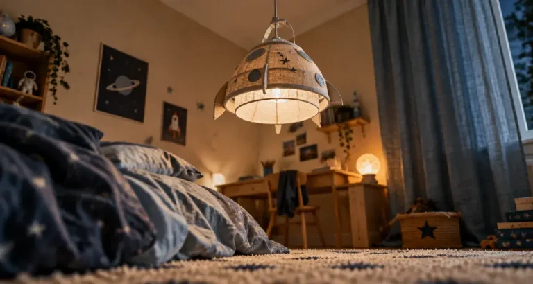 Suspension chambre garçon : 4 critères pour une lumière douce et une déco qui évolue Suspension chambre garçon beige à lumière douce et étoiles