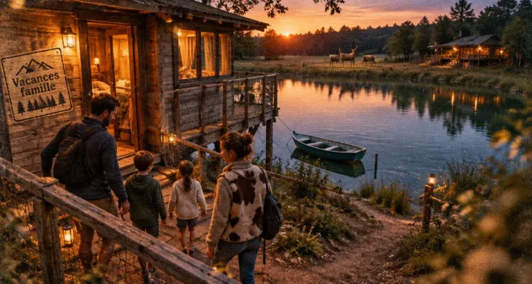 Vacances famille originales : dormir dans les arbres ou naviguer sans fatiguer les enfants Vacances famille originales : famille dans une cabane perchée au bord d’un lac
